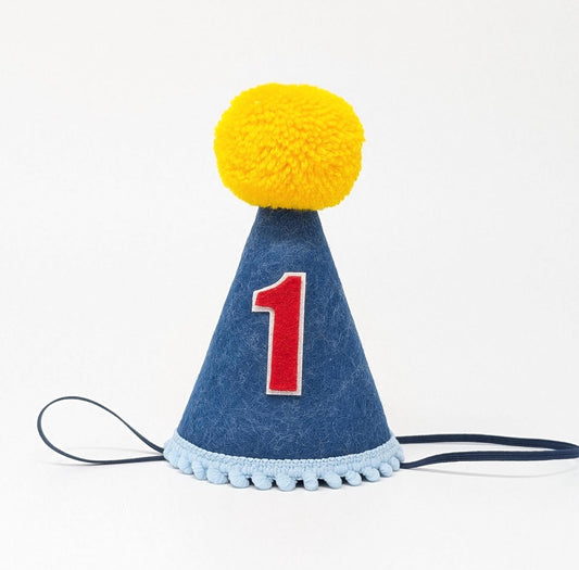 Denim Birthday Party Hat, Birthday Party Hat, Boys first birthday, Denim and Yellow Party Hat, Little Blue Olive, Felt Party Hat